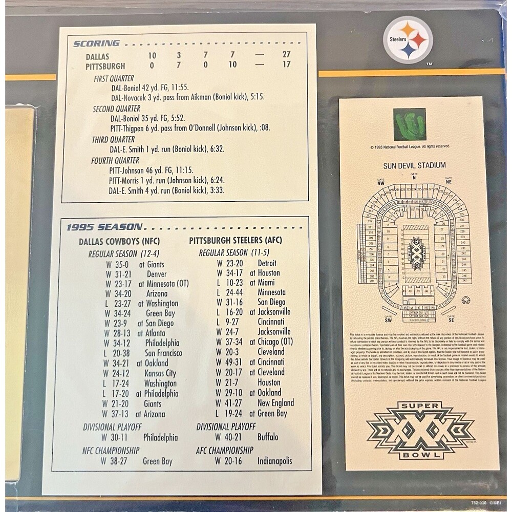 Super Bowl XXX Commemorative Gold Plated Super Bowl Ticket 22KT Willabee & Ward - Picture 10 of 10